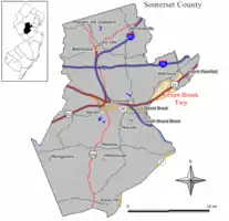 Location of Green Brook Township in Somerset County highlighted in yellow (right). Inset map: Location of Somerset County in New Jersey highlighted in black (left).

Interactive map of Green Brook Township, New Jersey