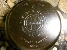 Base of Griswold #8 sized cast iron dutch oven bearing the Griswold "large logo" (1920s through early 1940s)