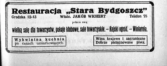 Advertising for restaurant "Stara Bydgoszcz" ca 1926