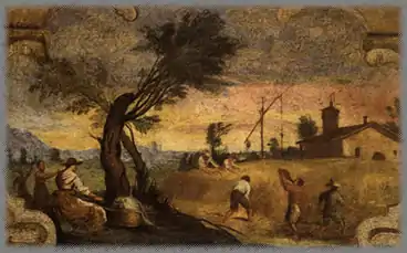 Harvesting (1615–1617, fresco, transferred to canvas, 18 × 23.5 cm, Pinacoteca, Cento, Italy). One of the frescos created (with the assistance of Lorenzo Gennari) for Casa Pannini in Cento. (Guercino himself came from a family of peasant farmers.)