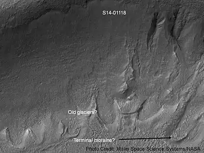 Gullies in a crater in Eridania, north of the large crater Kepler. Also, features that may be remains of old glaciers are present. One, to the right, has the shape of a tongue. Image taken with Mars Global Surveyor under the MOC Public Targeting Program.