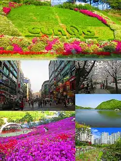 Clockwise from top: City logo on a hillside near Surisan Station, cherry blossoms in Geumjeong-dong, Banwol Reservoir, apartment complex in Bugok-dong, Royal Azaleas Hill, downtown Sanbon.