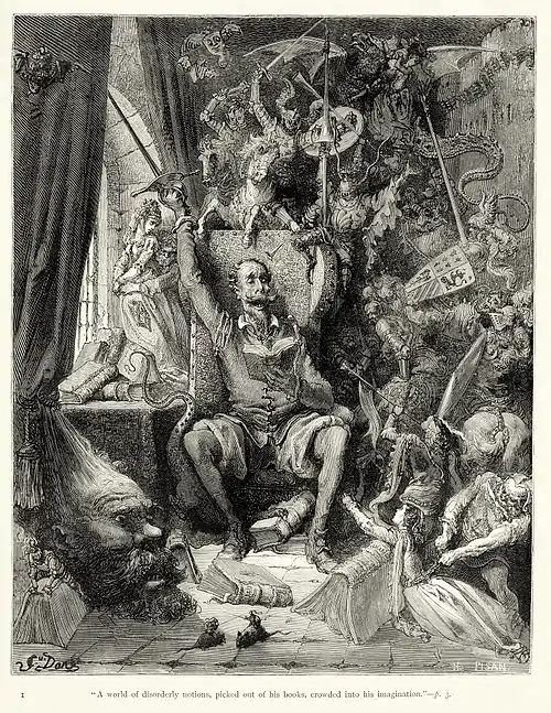 Don Quixote goes mad from his reading of books of chivalry.