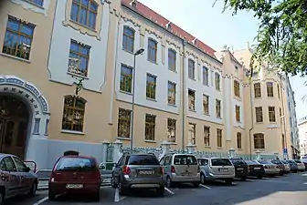 An angled view of the school building