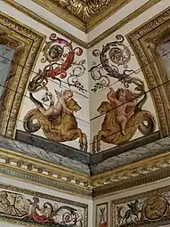 Baroque putti painted on the boiserie of a room from the Hôtel Colbert de Villacerf, now in the Musée Carnavalet, Paris, unknown architect, sculptor and painter, c. 1650