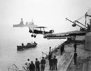 Image 68A Sopwith 1½ Strutter aircraft taking off from a temporary flight deck on the first HMAS Australia, a battle cruiser, in 1918. (from History of the Royal Australian Navy)