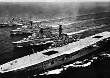 Destroyer HMAS Voyager (2nd from top) with aircraft carrier HMAS Melbourne, c1962