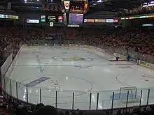 Interior of hockey arena and in-game hockey action photo