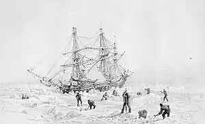 Engraving of HMS Terror thrown up by the ice