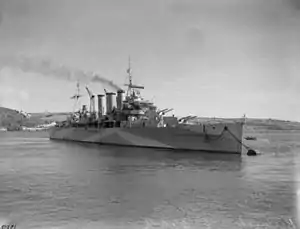 Black and white photograph of a warship