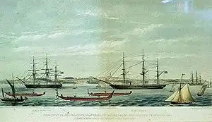 HMS Fawn (right) and HMS Miranda (left) during the Regatta of January, 1862 ("the race of the Maori war canoes")