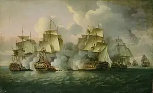 Oil painting of several three-masted sailing ships on a choppy sea obscured by gunsmoke and clouds.