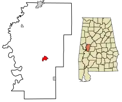 Location of Greensboro in Hale County, Alabama.