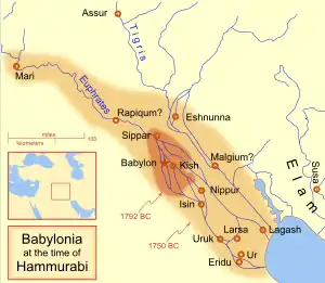 Map of Babylonian territory before and after Hammurabi's reign