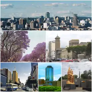 Left to right, from top: Harare skyline;  Jacaranda trees lining Josiah Chinamano Avenue; Old Parliament House (front) and the Anglican Cathedral (behind); downtown Harare; New Reserve Bank Tower; Heroes Acre monument