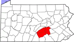 The Harrisburg–Carlisle MSA in Pennsylvania is highlighted in red