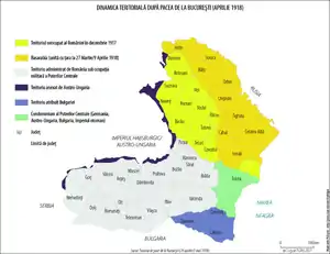 Romanian territories ceded to Austria-Hungary (purple), Bulgaria (blue), and the Central Powers (green) through the Treaty of Bucharest. These changes were reversed by the Treaty of Versailles.