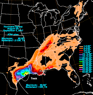 A map of Harvey's rainfall over the entire states