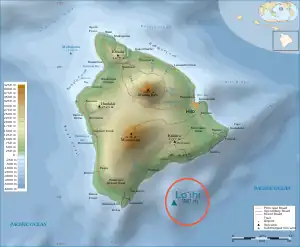 The island of Hawaii, showing Kamaʻehuakanaloa's position southeast of the main landmass