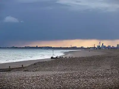 Image 29Hayling Island's mainly shingle beach with Portsmouth's Spinnaker Tower beyond (from Portal:Hampshire/Selected pictures)