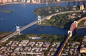 A 2004 aerial view from above Queens looking towards Wards Island, with one part of the Robert F. Kennedy Bridge (also known as the Triborough Bridge) at the left, and the Hell Gate Bridge (right). Also visible in the distance is the 103rd Street Footbridge to Manhattan.