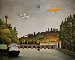 View of the Bridge in Sevres and the Hills of Clamart, Saint-Cloud and Bellevue with biplane, balloon and dirigible, 1908, Pushkin Museum of Fine Arts