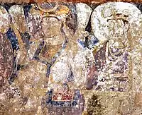 Probable Hephthalite royal couple in the murals of the Buddhas of Bamiyan circa 600 AD (the 38-meter Buddha they decorate is carbon dated to 544–595 AD).