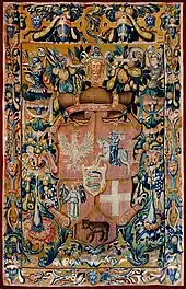 Tapestry with the coat of arms of Grand Duke Sigismund II Augustus and Gediminas' Cap, circa 1548