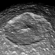 Cassini photo of Herschel crater on Mimas and its central peak