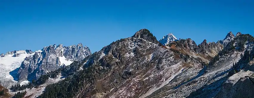 Hidden Lake Peaks with Early Morning Spire and Dorado Needle (left)