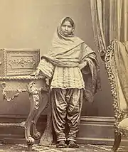 Hindu woman, in Sind, India, in shalwar-style pajamas, 1870.