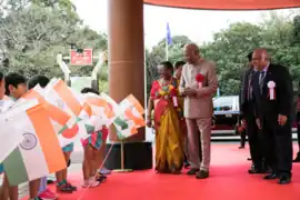 Ryuko Hira alongside President of India H.E. Ramnath Kovind, First Lady of India Madam Savita Kovind during the foundation stone ceremony for the Sri Sathya Sai Sanathana Samskruti in Japan in October 2019.