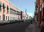 Historical buildings and a church bell tower.