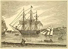 Hospital visible in the background (right) in an 1843 engraving of Portsmouth