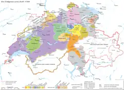 The Old Swiss Confederacy in the 18th century, with the modern Swiss national border in red.