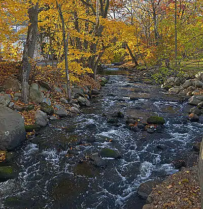 The Ho-Ho-Kus Brook flowing through downtown Ho-Ho-Kus