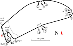 A track map of the Hockenheimring circuit. The track has 16 corners, which range in sharpness from hairpins to chicanes. There are four long straights that link the corners together. The pit lane splits off from the track on the inside of Turn 15, and rejoins the track after the exit of Turn One.