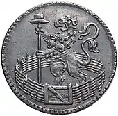 A Dutch coin of 1753 depicting the Leo Belgicus holding a liberty pole, in the Garden of Holland