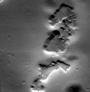 Very high-resolution image of hollows within Sholem Aleichem.  Width is approximately 1.5 kilometers.