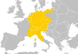 The Holy Roman Empire at its greatest territorial extent imposed over modern borders, c. 1200–1250