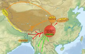 Map of the hypothesised homeland and dispersal according to van Driem (2005)