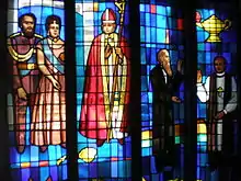 Stained glass with King Kamehameha IV, Queen Emma, Bishop Thomas N. Staley, and Sanford B. Dole