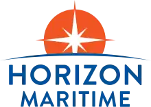 The Horizon Maritime logo consists of the wordmark ("Horizon Maritime") below a shallow blue arc, which represents the curvature of the horizon. In the background, a circular orange sun and white starburst rises, with the lower third obscured by the horizon.