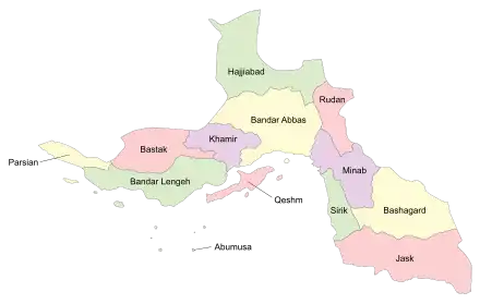 Location of Bastak County in Hormozgan province (left, pink)