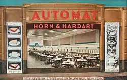 1930s-era Automat at 104 West 57th Street near Sixth Avenue showing areas for beverages and pies at right of dining area