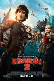 Hiccup, a dark haired boy, holding a helmet by his side, his friends and Toothless, a black dragon behind him: Dragons are flying overhead.