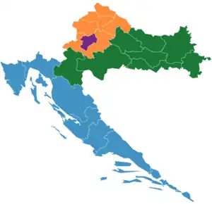 Map of the NUTS statistical regions of Croatia with the Northern Croatia NUTS-2 region indicated in orange and the City of Zagreb NUTS-2 region indicated separately in purple.