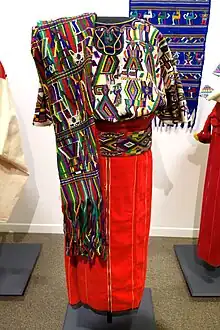 An Ixil huipil tunic with a skirt, belt, and shawl (mid to late 20th century)