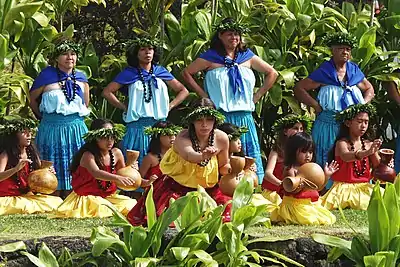 Hula kahiko performance at the pa hula in Hawaii Volcanoes National Park