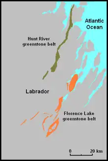 This is a map of the Hunt River and Florence Lake greenstone belts in Labrador, Canada.